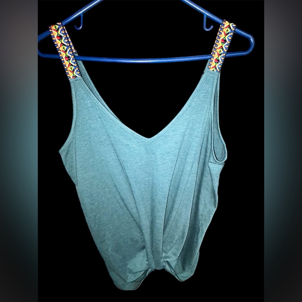 Boho Twist-Front Tank Top with Embroidered Straps - Teal - Size M cute